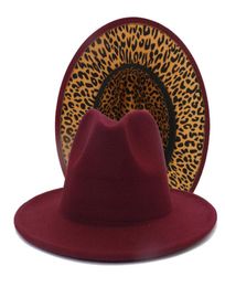 Burgundy with Leopard Patchwork Wool Felt Jazz Fedora Hats for Women Men Whole Wine Red Two Tone Panama Party Wedding Hat8541492