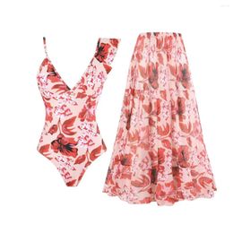 Women's Swimwear Sexy One-piece Swimsuit With Skirt Ruffle Women Floral Print Bathing Suit Beach Swim Pool 2024 Female Swimming