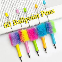 60Pcs DIY Coloured Plush Beaded Pen Colour Ball Beadable Home School Kids Students Writing Sketch Supplies