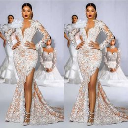 Sleeves Dresses V-Neck Wedding Long Glamorous Mermaid Lace Pearls Feathers Zipper Court Custom Made Plus Size Bridal Gown Vestidos De Novia