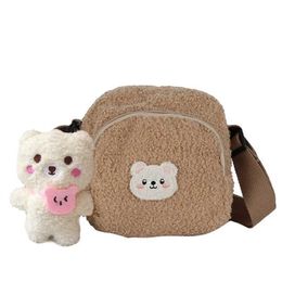 Backpacks Kids Plush Shoulder Bag Cute Bear Print Lamb Like Fabric Baby Girl Crossbody Bags Ladies Cloth Zipper Purse Mobile Phone Handbag