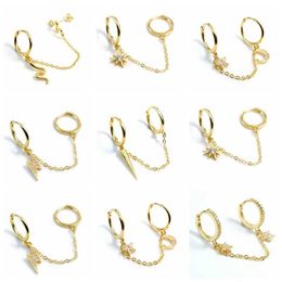 Earrings Silver Double Hoops Charms Link Chain Earrings Huggie Gold Plated Moon Star Snake Piercing Earings Jewellery 230831