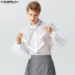 Men's Casual Shirts Handsome Well Fitting Tops INCERUN Men Organza Ruffle Design Sexy Perspective Splicing Long Sleeved Blouse S-5XL