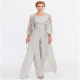 2019 Newest Grey Mother of The Bride Dresses Two Pieces Lace Jackets Mothers Dresses For Wedding Events Pants Suit Evening Gown 299U