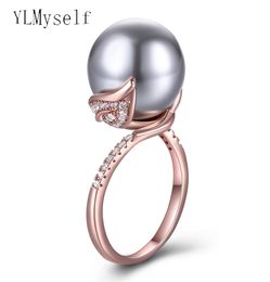 Drop Rose gold white ring with big grey pearl jewellery Beautiful leaf Jewellery anniversary gift for mom rings6129406