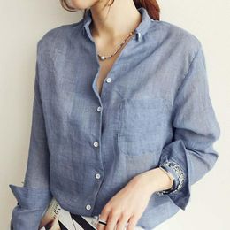 Fashion Comfortable Korean Women Long Sleeve Blouse Elastic Blue Linen Womens Tops White 1PC Grey Soft Size S M L XL XXL 259N