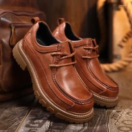 Casual Shoes Fashion Genuine Leather Men Loafers Elegent British Retro Lace Up Moccasin Classical Brown Oxfords Platform Booties