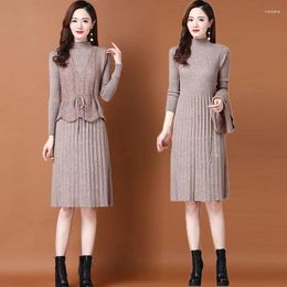 Work Dresses Office Woman Solid Colour Elegant Knitted Two Piece Dress Sets Female Fashion Sweater And Vest Suits Outfits G467
