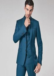 Teal Mens Suits Slim Fit Groomsmen Wedding Tuxedos Three Pieces Groom Suit Peaked Lapel Celebrity Formal Blazers With Jacket Vest 3607711