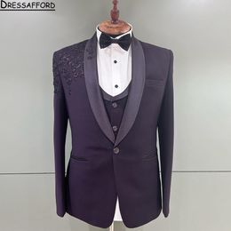 Dark Purple Blazers Men Suits Appliques Beading Fashion Banquet 2 Piece Business Jacket Pants Trousers