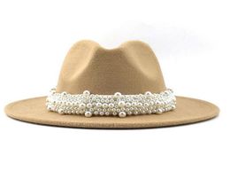 Wool Jazz Fedora Top Hats Casual Women Pearl Ribbon Felt Hat Panama Trilby Formal Party Cap 5861CM 17 colors3745712