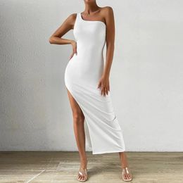 Casual Dresses Women's Sexy Tight Fitting Single Shoulder Sloping Collar With Side Slit Sleeveless Pleated Long Dress Selling Style For Sum