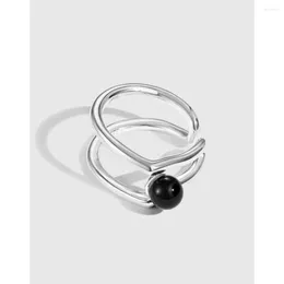 Cluster Rings Real S925 Silver Black Agate Women Open Cut Line Ring Female Luxury Jewelry Retro Girl Gift Lady Party Banquet
