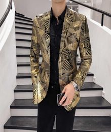 Luxury Gold Stripe Print Suit Jacket male Blazers Slim Masculino Blazer Men039s Banquet prom Wedding Groom Dress Slim Jacket X02818360