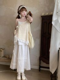 Work Dresses Korea Top Skirt Vintage Lace Midi Women Princess Chic Two Piece Set Out Holiday Beach Ruffles French Sleeveless Loose Slip