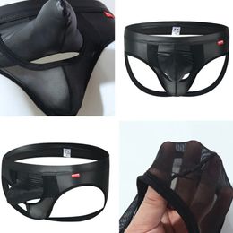 Sexy Mens Elephant Nose Briefs PU Leather Underwear Male Panties See Through Mesh Penis Scrotum Separate Pouch Man Underpants