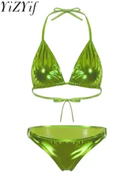 Women's Swimwear Micro Bikini Set Sexy Shiny Patent Leather Lingerie Summer Swimsuit Halter Lace-up Bra Tops With Thongs