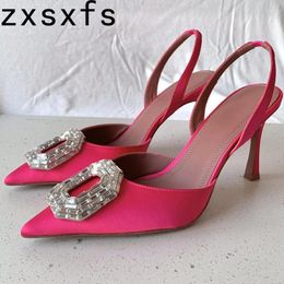 Dress Shoes Green Crystals Silk Sandals For Women Sexy Pointy Toe Slingbacks Party Diamond High Heels Zapatos Mujer 2024