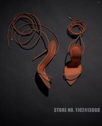 Sandals Apricot Roman Style Pointed Toe Narrow Band Wrapping Straps Pumps Cross Strap Thin Heel Minimalist Fashion Women Shoes