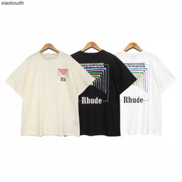 Rhude High end designer clothes for summer new short sleeve square array Abstract Color tunnel printed mens and womens loose casual T-shirt With 1:1 original labels