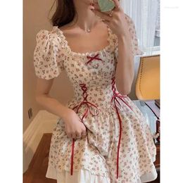 Party Dresses Korean Florals Print Mini Dress Women Vintage Puff Sleeve Square Lace-up High Waist Maxi Female French Sweet Vestido Y2k