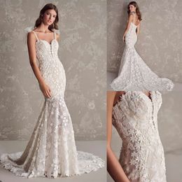 Spaghetti Flower Mermaid Wedding Dresses Appliques Classic Lace Sleeveless Backless Sweep Train Zipper Custom Made Plus Size Sexy Bridal Gown Vestidos De Novia