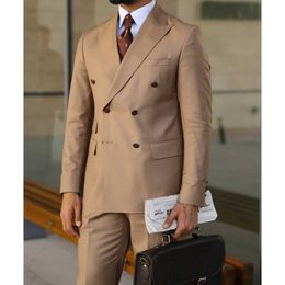 Men's Suits Blazers Khaki mens double breasted leather collar elegant formal occasion coat 2-piece suit pants ultra-thin suitable for Terno Masculino Q240507