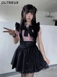 Work Dresses Japanese Lolita Style Mine Long Sleeve Shirt Pink Tops Slip Dress Set High Waist Slim Dark Sweet Black Suspender Skirt