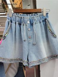 Women's Jeans European Station 2024 Summer Exquisite Rhinestone Beaded High Waist Shorts Fashion Streetwear Slim Wide-Leg Denim Short Pants