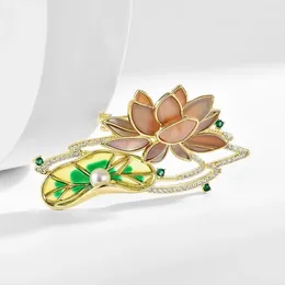 Brooches Women's Rhinestone Lotus Leaf Flower Brooch Pearl Enamel Pin Exquisite Corsage Wedding Party Decoration Jewellery Gifts For Women