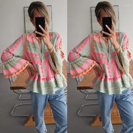 Women's Blouses 2024 V-neck Printed Shirt Flare Sleeved Loose Casual Blouse Fashion Streetwear Top Blusas Y Camisas Femme Summer