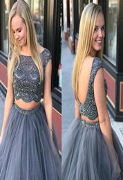 Dark Grey Two Piece Prom Dresses Crystal Beaded Cap Sleeves Tulle Ball Gown Prom Dresses Plus Size Pink Sweet 16 Dress Quinceanera3899256