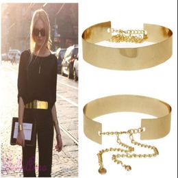Fashion Women Full Gold Silver Metal Mirror Waist Belt Metallic Gold Plate Wide Obi Band With Chains 305T