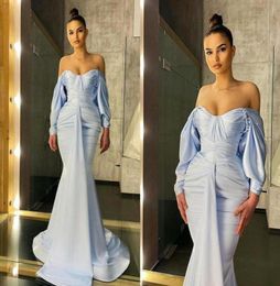 2022 Simple Baby Light Blue Dubai Arabic Aso Ebi Mermaid Prom Dresses Sexy Off Shoulder Long Sleeves Formal Evening Dress Wear Cus9938583