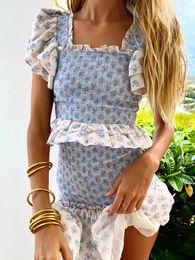 FORIDOL RUFFLES Stampa floreale a livello blu Donne Summer Bodycom Mini Abito Set Butterfly Sleeve Vintage French Style 2 PCs Outfit 240423