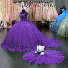 Purple Ball Gown Princess Quinceanera Dresses Lace Appliques Off Shoulder Lace-up Corset Sweet 16 Dress Prom vestidos xv anos