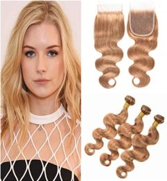 Honey Blonde Virgin Brazilian Human Hair Body Wave Weave Bundles with Closure 27 Strawberry Blonde Virgin Hair Wefts with 4x4 Lac8684998