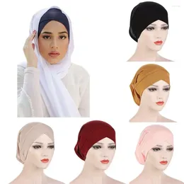 Scarves Elastic Head Cover Islamic Turban Crossed Forehead Cap Mercerized Cotton Solid Color Muslim Hijab Female Inner