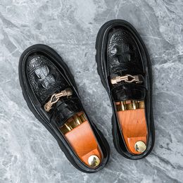 Classic Black Loafers for Men with Thick Soles and Raised Crocodile Pattern Business Dress Shoes