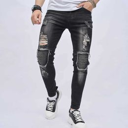 Jeans maschi da uomo jeans strappato motociclista strappato moto moto magro jeans jeans pantaloni maschili eleganti buchi maschi maschi pantaloni di denim casual y240507