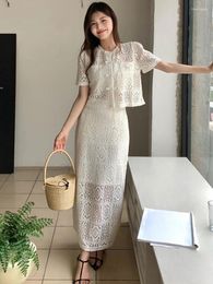 Work Dresses Hollow Out O-Neck 2 Pieces Prairie Chic Suits Women's Summer Outfits Short Sleeve Lace-up Crop Tops And High Waist Midi Skirts