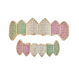 Hiphop Iced Out Colorful Zircon Teeth Grills for Unisex Body Piercing Jewelry Cubic Zironia Tooth 8/8 Top Bottom 240504