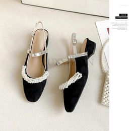 Dress Shoes Women High Heel Sandals Pearl Mary Jane Spring/Summer Retro Large Pointed Thick Black Heels