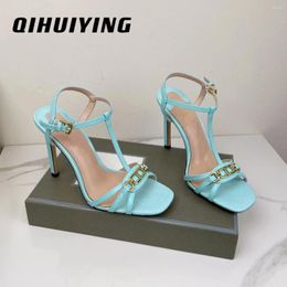 Dress Shoes 2024 Handmade Wome Bule Colour Genuine Leather Buckle-Strap Super High Heel Woman Sandals Office Lady Stiletto Pumps