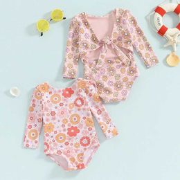One-Pieces Toddler Baby Girl 1-Piece Swimsuit Reversible Swimsuit Floral Knot Long Sleeve Bathing Suit Rash Guard Swimwear H240508