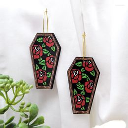 Dangle Earrings WE022 Wooden Rose Flower Coffin With Brass Hooks Handmade Jewellery Halloween Christmas Gift For Her