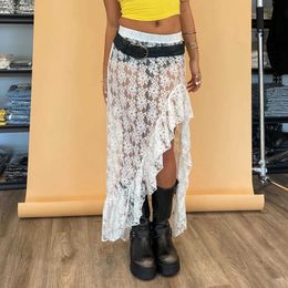 Skirts Gaono Y2K Retro Womens Summer Lace Long Leather Elastic Waist Asymmetric Hem pleated Midi Beach Party SkiingL2405