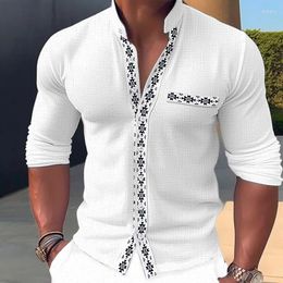 Men's Casual Shirts Fashion Contrast Color Men Shirt Spring Stand Collar Button Slim Business Office Long Sleeve All-match Tops Clothing