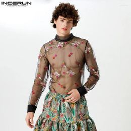 Men's Casual Shirts 2024 Men Shirt Mesh Stand Collar Lace Up Long Sleeve Embroidery Camisas Streetwear Transparent Sexy Fashion Clothing