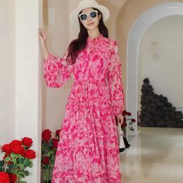 Casual Dresses High End Spring Beach Vacation Silk Printed O-Neck Women's Fashion Rose Red Adjustable Waist Long Dress One Size